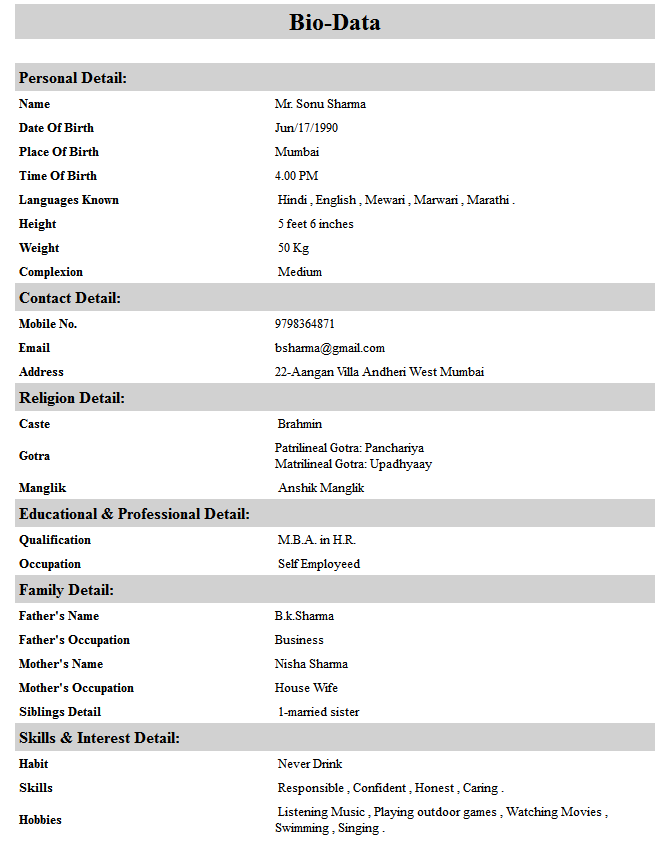 Bio male marriage data Make Biodata